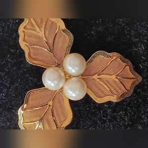 Gold-Tone Leaf Cluster Brooch with Pearl Accents - Women Jewelry
